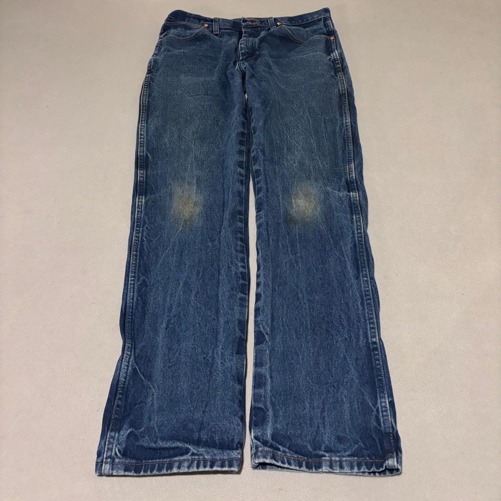 Wrangler Mens Cowboy Cut Original Fit Jeans 34x34 Blue Denim Distressed 13MWZ